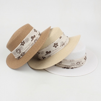 One pc new summer four colors beach solid color retro sunscreen flower printing flat top ajustable straw hat 56-58cm