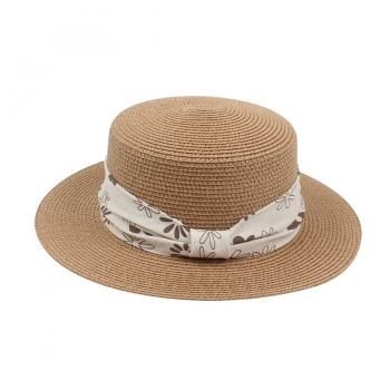 One pc new summer four colors beach solid color retro sunscreen flower printing flat top ajustable straw hat 56-58cm