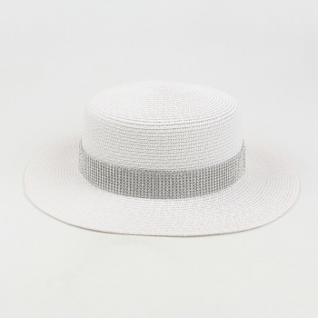 One pc new summer four colors beach solid color sunscreen rhinestone flat top ajustable straw hat 56-58cm