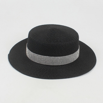 One pc new summer four colors beach solid color sunscreen rhinestone flat top ajustable straw hat 56-58cm