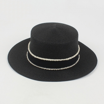 One pc new summer simple four colors beaded ribbon beach solid color sunscreen flat top ajustable straw hat 56-58cm