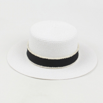 One pc new summer simple four colors beaded ribbon beach solid color sunscreen flat top ajustable straw hat 56-58cm