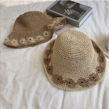 One pc new summer woven hollow breathable beach sunscreen foldable big eaves straw hat 56-58cm