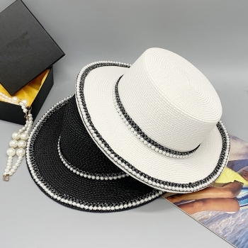 One pc new summer pearl beaded beach sunscreen adjustable straw hat