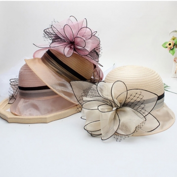 one pc summer seven color fashion organza flowers breathable shade foldable top hat 56-58cm