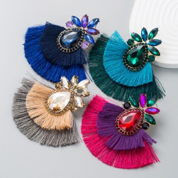 one pair new bohemian style tassel rhinestone contrast color earrings(length:8.5cm)