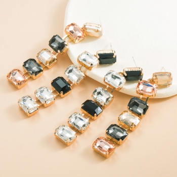 one pair new rhinestone contrast color alloy square long earrings(length:8.4cm)