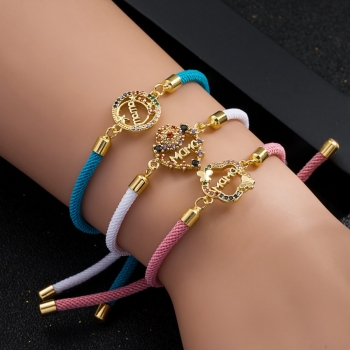 one pc mother's day” three colors letter zircon metal decor multi style ajustable pull hand rope bracelet(perimeter:20cm)