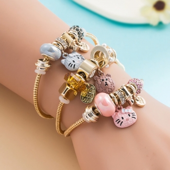 one pc new metal chain rhinestone pearl cute cat pendant alloy bracelet(perimeter:15+5cm)