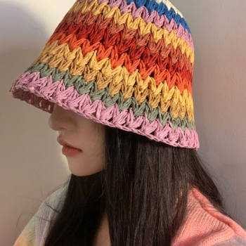 one pc summer fashion rainbow colors weave seaside beach hyuna style straw bucket hat 56-58cm