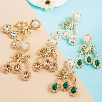 one pair new 3 colors pearl geometry rhinestone irregular metal earrings (length:5.8cm)
