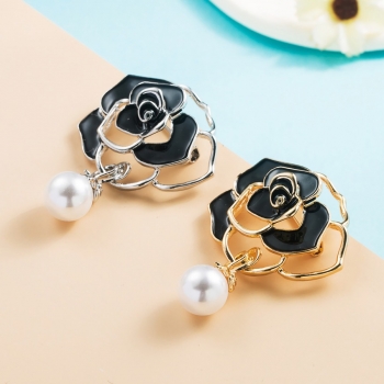 one pc new fashion 2 colors dripping oil pearl rose shape hollow design brooch(length:5cm)
