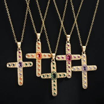 one pc new stylish 8 colors rhinestone cross shape metal chain necklace (length:45+4.5cm)