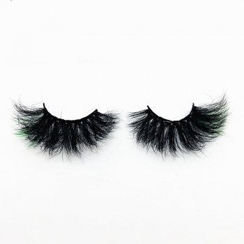 one pair fashion green color contrasting colors real mink thick curly false lashes (length:25mm)