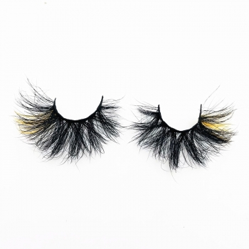 one pair fashion yellow color contrasting colors real mink thick curly false lashes (length:25mm)