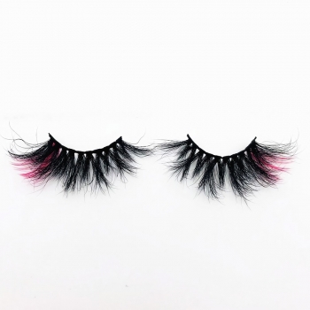 one pair fashion magenta color contrasting colors real mink thick curly false lashes (length:25mm)