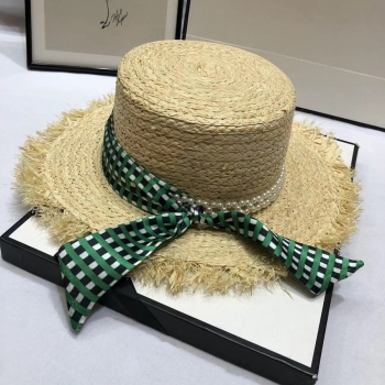 one pc summer new plaid lace-up pearls decor raw edge sun protection adjustable weave seaside sweat beach straw hat 54-58cm