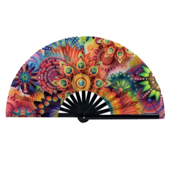 one pc new fashion natural resin colourful flower thermal transfer printing folding dance kung fu large size cloth fan 33*64cm
