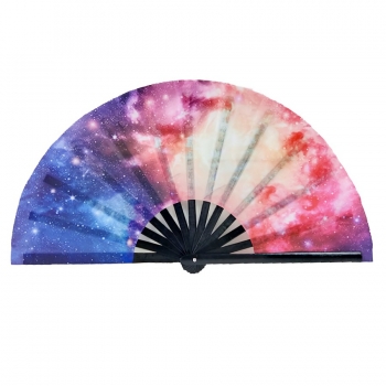 One pc new fashion natural resin dreamy colorful contrasting colors starry sky thermal transfer printing folding dance kung fu large size cloth fan 33*64cm