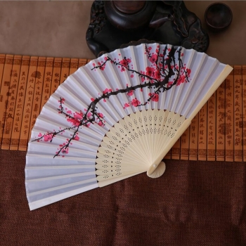 one pc new fashion wedding dancing natural bone openwork engraving simulated silk ink painting plum blossom folding fan 21*37cm