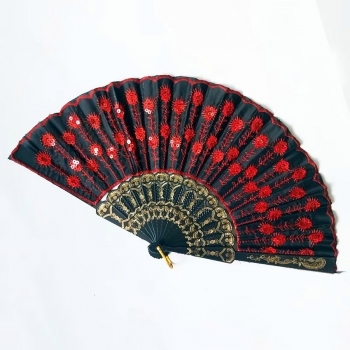 one piece new 12 colors dance plastic bone embroidered sequin folding cloth fan (size:23*42cm)