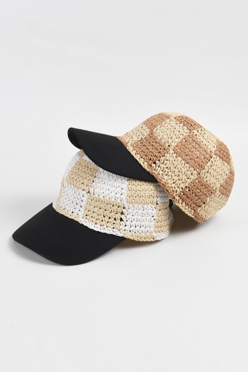 summer new 2 colors checkerboard retro weave adjustable sun protection straw baseball cap 56-58cm