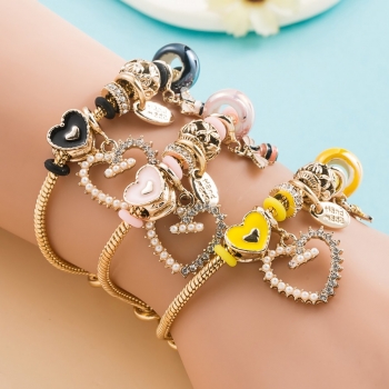 one pc new fashion three colors heart shape pearl rhinestone dripping oil alloy adjustable bracelet(width:6cm)
