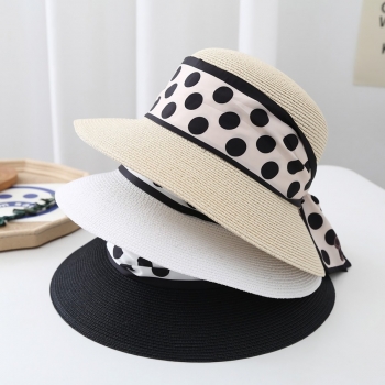 One pc summer fashion 8 colors polka dot ribbon decor beach elegant sun protection outdoor straw hat 56-58cm