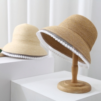 Summer new 3 colors lace trim raffia foldable elegant sun protection casual outdoor beach straw hat 56-58cm