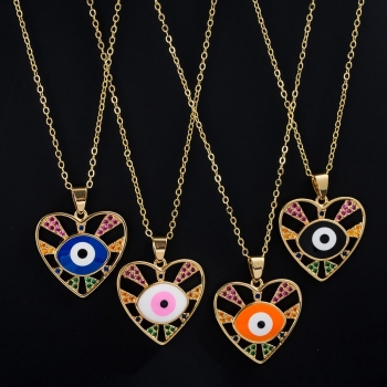 one pc new four colors hollow design multicolor rhinestone dripping oil evil eye heart shape metal chain necklace(mixed length)