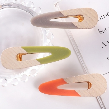 one pc new fashion 3 colors drop shape simple wooden resin stitching hairpin (size:6.8cm)