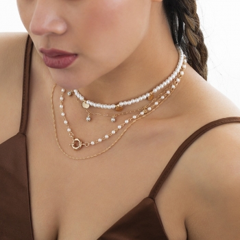 Two pc four layers new beach pearl rhinestone metal chain sexy necklace (mixed length)
