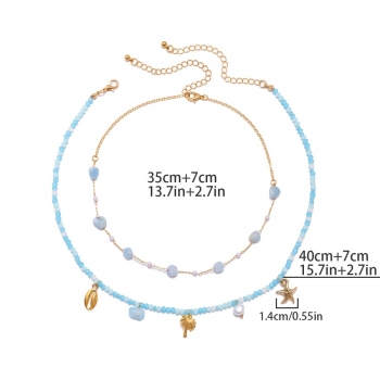 Two pc new ethnic style stars leaves shell bohemian gravel imitation crystal wild clavicle chain necklace (mixed length)