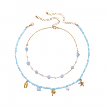 Two pc new ethnic style stars leaves shell bohemian gravel imitation crystal wild clavicle chain necklace (mixed length)