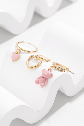 Three pc new fashion 4 colors dripping oil simple heart bear rhinestones all-match metal earrings (mixed length)