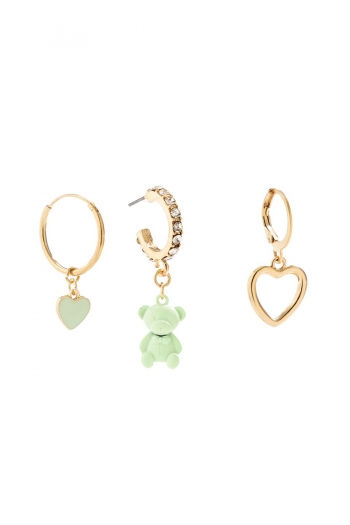 Three pc new fashion 4 colors dripping oil simple heart bear rhinestones all-match metal earrings (mixed length)