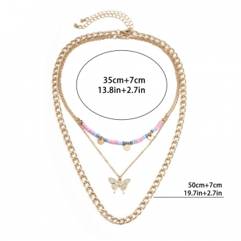 Two pc 3 layer new stacked rice beads sequins tassel butterfly pendant clavicle chain necklace (mixed length)