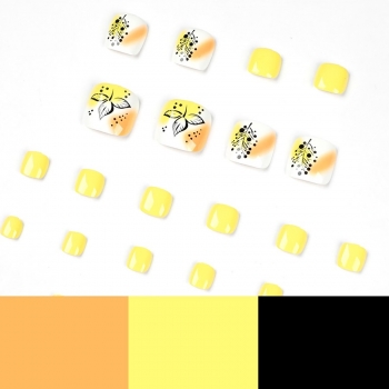Twenty four pcs new summer bright yellow hand painted leaves tree foot fake nails x3 boxes(contain 3pcs tapes)