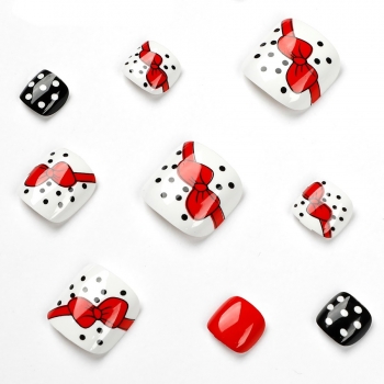 Twenty four pcs new black and white polka dot red bow foot fake nails x3 boxes(contain 3pcs tapes)