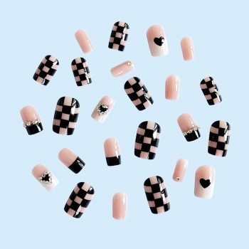Twenty four pcs new checkerboard heart shape rhinestone long fake nails x3 boxes(contain 3pcs tapes)