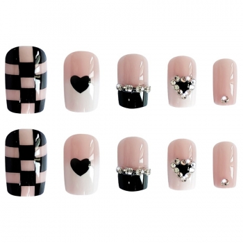 Twenty four pcs new checkerboard heart shape rhinestone long fake nails x3 boxes(contain 3pcs tapes)