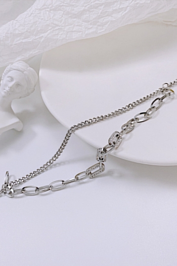 One pc 2 layer new metal chain rhinestone decor simple necklace(length:41.5+6cm)