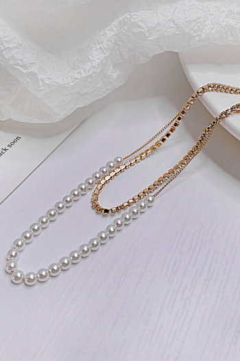 One pc 2 layer new metal pearl chain rhinestone decor simple necklace(length:37+6.5cm)