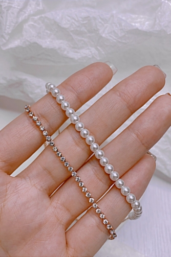 One pc 2 layer new metal pearl chain rhinestone decor simple necklace(length:37+6.5cm)