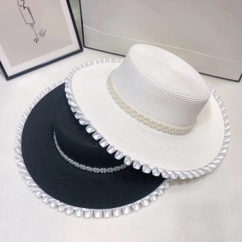 one pc summer fashion pearl decorate flat top elegant satin ruffle adjustable weave sun protection seaside beach straw hat 54-58cm