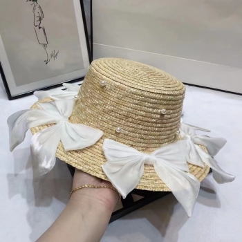one pc summer new pearl lace bowknot decorate flat top elegant sun protection adjustable weave seaside beach straw hat 54-58cm