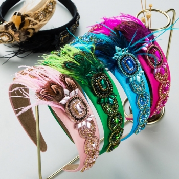 one pc new 6 colors baroque feather rhinestone decor hair hoop(width:4cm)