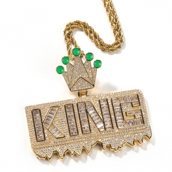 one pc new 2 colors high quality hip hop punk drip oil luminous king crown letter pendant rhinestone metal necklace(size:60cm)