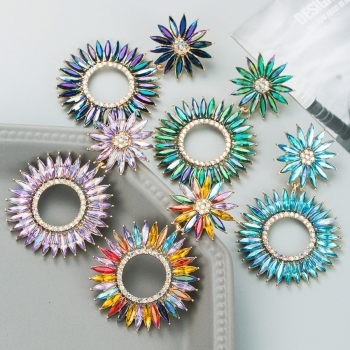 one pair new five colors sun flower shape rhinestone metal hoop long earrings(wide:5cm)