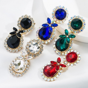 one pair new five colors four-leaf clover water droplets shape rhinestone metal long earrings (length:6cm)